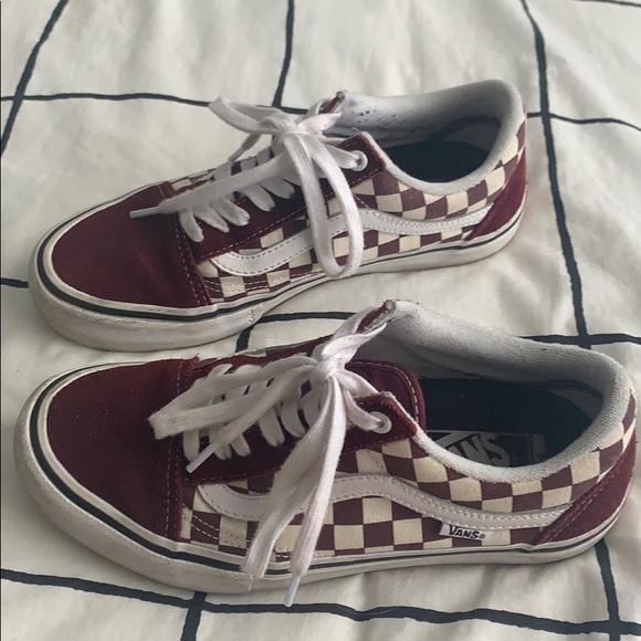 burgundy checkered vans slip ons